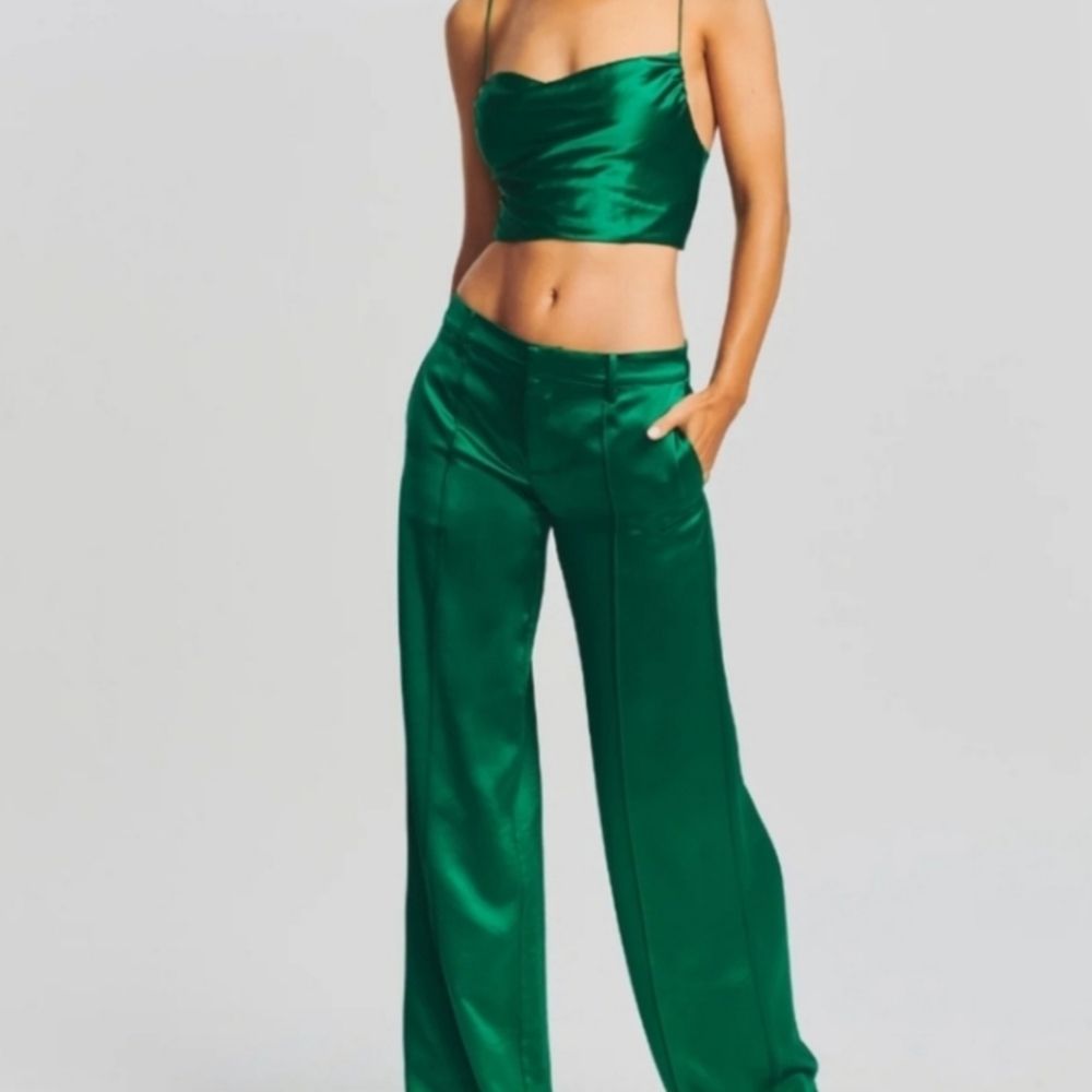 NWT Retrofete Eliza Emerald Satin Wide Leg Trousers Sz L